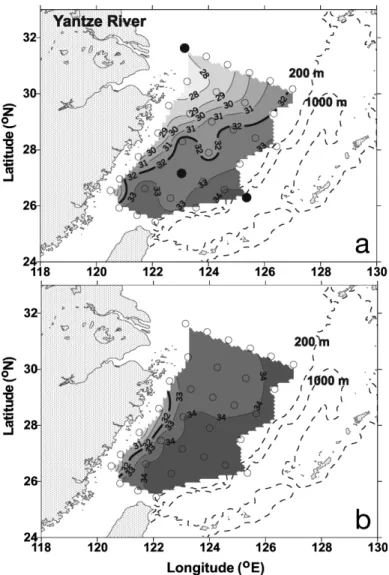 Fig. 1. Contours of surface salinity with sampling stations (s) in the East China Sea of (a) summer and (b) autumn 1998.