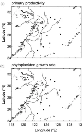 Fig. 6. Spatial variation of (a) primaryproductivity(mg C m 3 day 1 ) and (b) phytoplankton growth rates (day 1 ) in the East China Sea