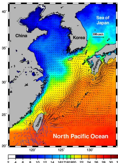 Fig. 2. Distribution of mean sea surface temperature (SST) in December in the ECS and seas around Taiwan overlaid with observed (blue vectors, south of 23 o N) and modeled (black vectors, north of 23  N) surface currents