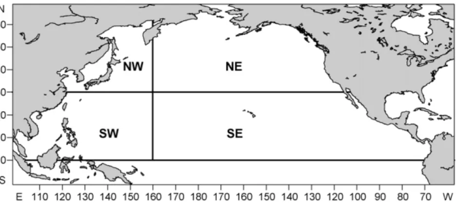Fig. 1. The North Pacific Ocean showing the four regions considered in the analyses.