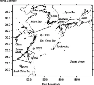 Figure 1. Five shaded areas showing the sampling locations of kuruma prawn in the Japan Sea (JS), the north (NECS) and south (SECS) of the East China Sea, the Taiwan Strait (TS), and the north of the South China Sea (NSCS).