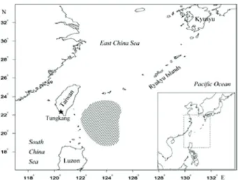 Fig. 1 South-western North Paciﬁc where Taiwanese small-scale longline ﬂeet operated to target blueﬁn tuna and collect female gonad specimens, shaded area.