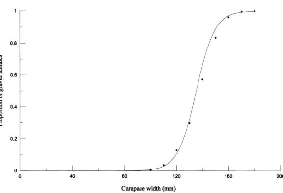 Fig. 5.  A logistic curve of gravid female P. sanguinolentus and dotted line indicate the carapace width of proportion 0.5  corresponding to L50%