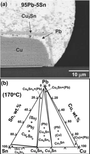 FIG. 4. 共a兲 Micrograph showing the massive spalling in a Pb5Sn/Cu solder joint after aging at 170 ° C for 1000 h observed by Jang et al