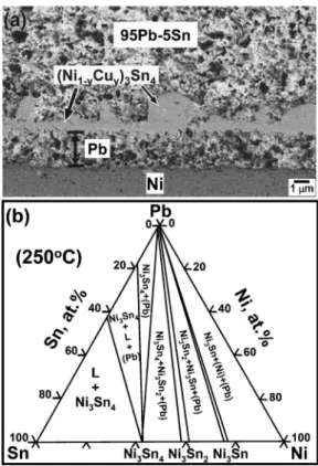 FIG. 5. 共a兲 Micrograph showing the massive spalling in a Pb5Sn/Ni solder joint after reaction at 350 ° C for 90 min observed by Wang and Chen 共Ref.
