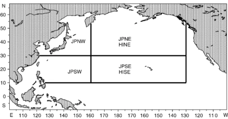 Fig. 1. The North Pacific Ocean showing the four regions considered in the analyses and the six “fleets” (four Japanese “fleets”—JPNW, JPSW, JPNE, JPSE and two US “fleets”—HINE, HISE).