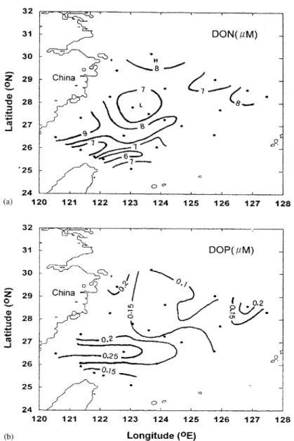 Fig. 6. Surface distributions of DON (a) and DOP (b) during the spring season (Cruise 449).