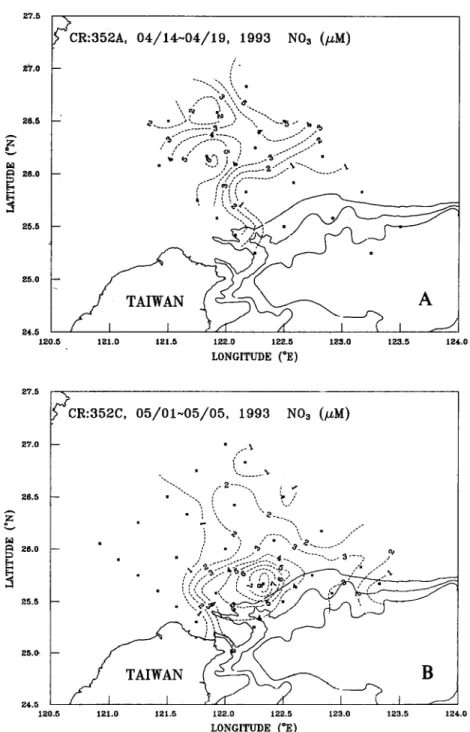 Fig.  5.  Concentration  of  nitrate  at  50  m  and  euphotic  zone  integrated  Chla  (ICHLA)  during  cruises  352A  and  352C