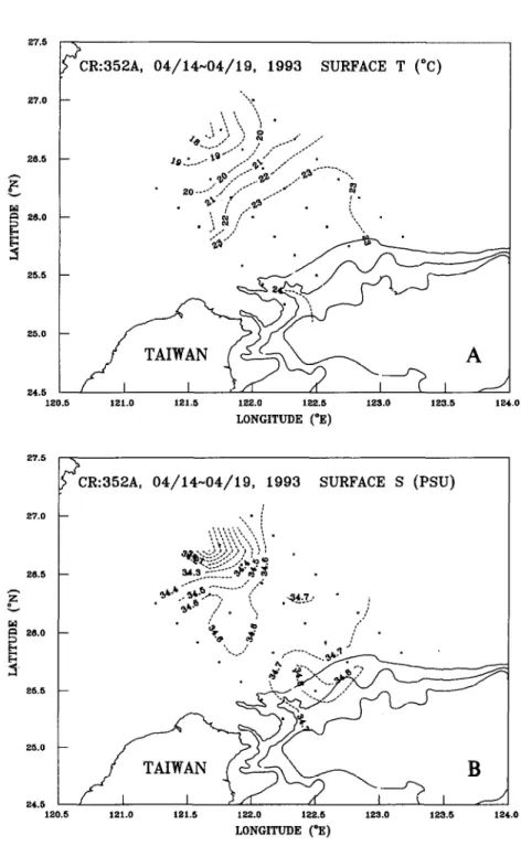 Fig.  3.  Sea  surface  temperature  and  salinity  (dotted)  during  cruises  352A  and  352C