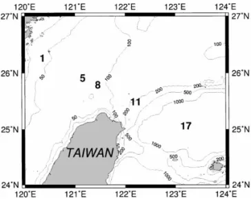 Fig. 1. Map of the southern East China Sea showing sampling stations. Values on dashed lines indicate bottom depth in meter.