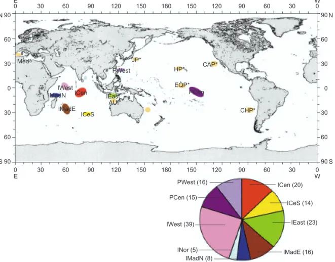 Fig. 1. Geographic distribution of sampling units of swordfish collected in this study