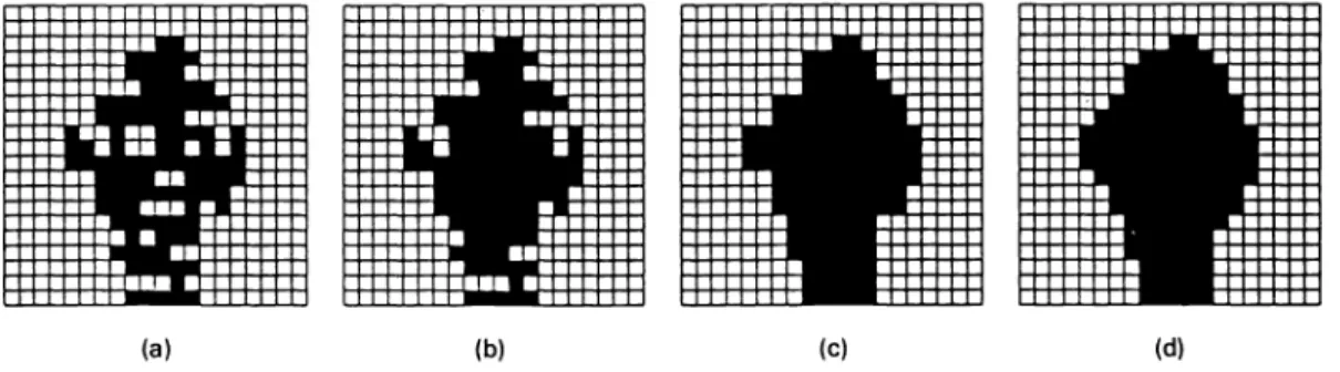 Fig. 6 The examples of the execution results of the processes: specifying the face region and smooth- smooth-ing the outline of the face: (a) the original largest objects, (b) the same object after fillsmooth-ing the holes inside it, and (c) and (d) the re