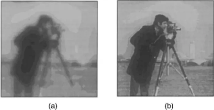 Fig. 16 (a) Image of Fig. 12 degraded by 3 3 3 blur functions and (b) restored image for the degraded image in (a)