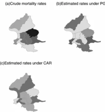 Figure 1. Maps of the ( a) crude mortality rates, (b) estimated rates under Poisson gamma model, and ( c) estimated rates under CAR, for Taipei city