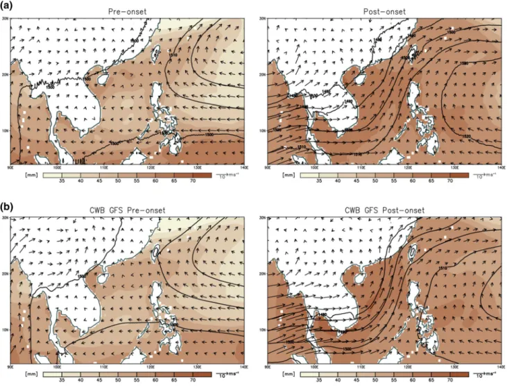 Fig. 1    Average horizontal wind fields (vector) in m  s −1  and average  geopotential height (contour) in m at 850 hPa and average total  pre-cipitable water (shaded) of the a reanalysis and the, b hindcasts of the 