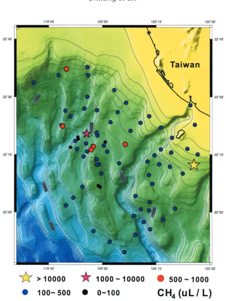 Fig. 5. Distribution of methane concentrations (in  µL L -1 ) of pore spaces in offshore southern Taiwan