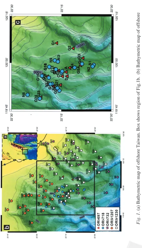 Fig. 1. (a) Bathymetric map of offshore Taiwan. Box shows region of Fig.1b.  (b) Bathymetric map of offshore southwestern Taiwan showing sampling sites investigated in this study