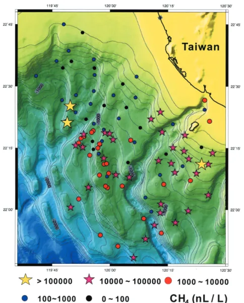 Fig. 2. Map of methane concentrations (in nL L -1 ) in bottom seawaters distributed in offshore southern Taiwan.