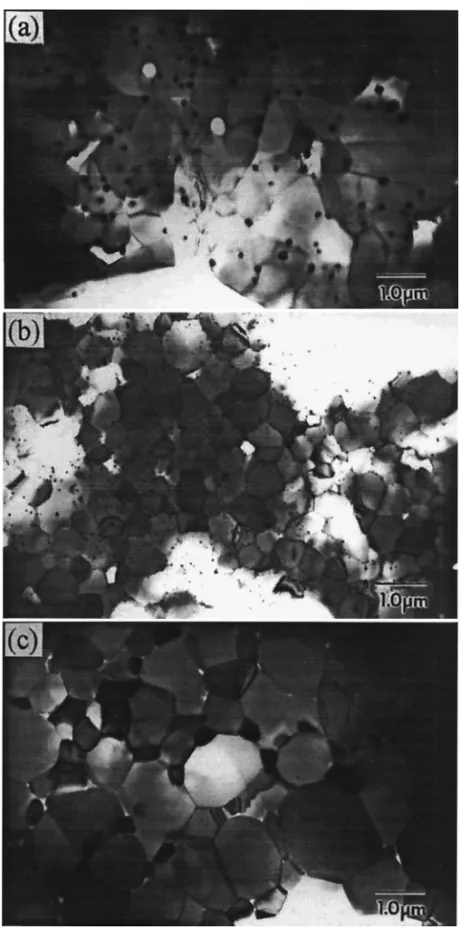 Figure 7. TEM micrographs of three sintered Mo/Al 2 O 3 composites with (a) intergranular nano-sized Mo grains, (b) inter- and intra-Mo grains in the MA3-1 sample, and (c) inter-submicron and intra-nano-sized Mo grains in the MA3-2/HP sample
