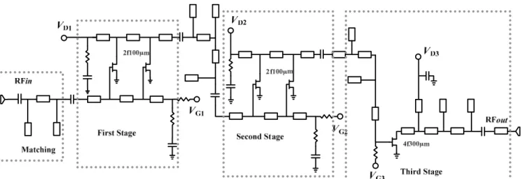 Fig. 1. Circuit schematic diagram of the 15-50 GHz medium power amplifier  the second stage utilize two distributed cells to provide 