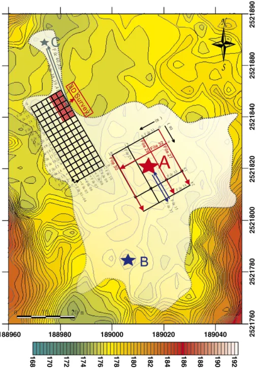 Fig. 8. Distribution of the GPR measuring lines; the study area is Fig. 3 outlined in white; A, B and C represent the three mud volcanoes.