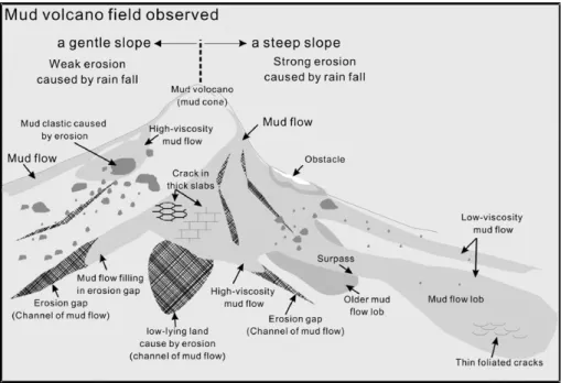 Fig. 5. This drawing of the model of mud volcano deposition is based on field observations