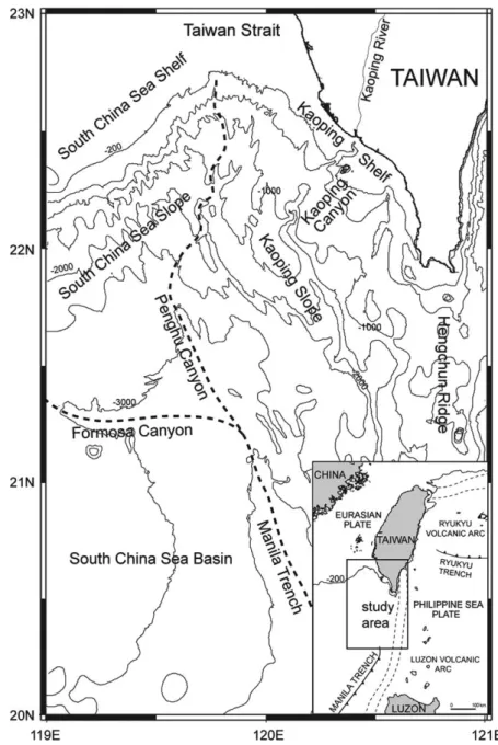 Fig. 1. Bathymetric map showing that the sea floor of the marine basin off southwestern Taiwan consists of two broad and deep slopes marked by outward bowing bathymetric contours