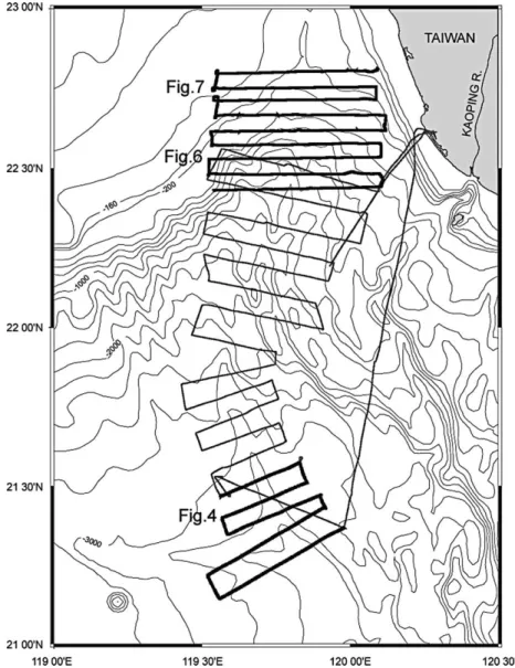 Fig. 3. Map showing bathymetric transects and four-channel seismic profiles covering the upper and lower reaches of the Penghu Canyon