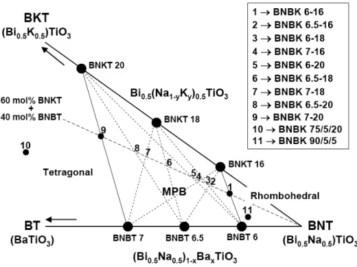 Fig. 1. Schematic of BNBK phase relationship around the MPB. Locations of 11 different BNBK composition samples prepared for  the present study are shown.