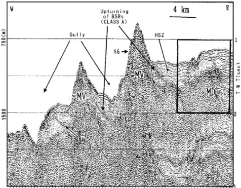 Fig. 5 Strong diraction phe- phe-nomenon above a mud diapir (MD), possibly due to gas-®lled sediments of dierent thicknesses under gas hydrates (enlarged detail of boxed area in Fig