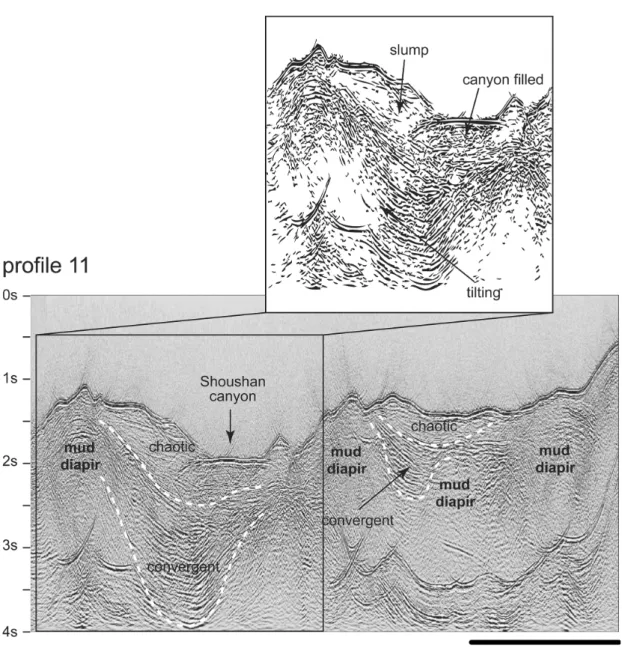 Fig. 3. Seismic profile 11 shows that prominent mud diapiric intrusions move upward and reach the sea floor, forming high-relief topographic ridges.