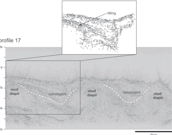 Fig. 4. Seismic profile 17 in the lower slope region shows similar alternating structural highs and lows to those on the profile 11
