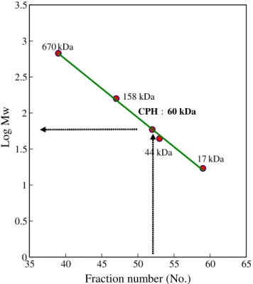 Fig. 3 SDS-PAGE of hemagglutinin from C. pyrenoidosa and molecular weight standards. Lane 1 shows molecular weight  stan-dards, which are composed of phosphorylase b (94 kDa), Bovine serum albumin (67 kDa), Ovalbumin (43 kDa), Carbonic  anhy-drase (30 kDa)