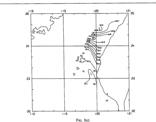 FIG.  3.  Distribution  o f  (a)  isotherms (°C),  (b)  isohalines (9~),  and  (c) isopycnals (a,)  at  the  surface  during  December  27-29,  1985