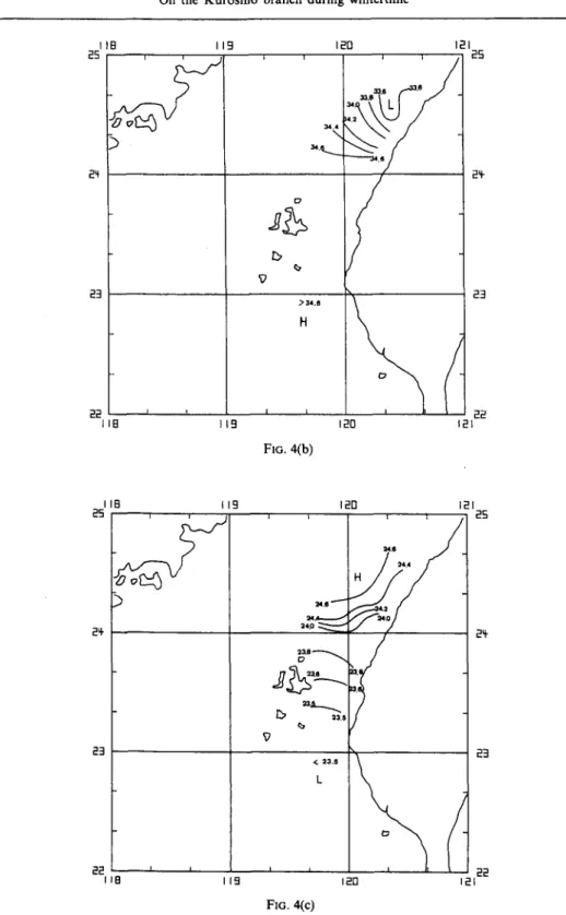 FIG. 4. Distribution of (a) isotherms (°C), (b) isohalines (~), a n d   (c) isopycnals (at) at the surface  during  J a n u a r y   I0-12,  1986