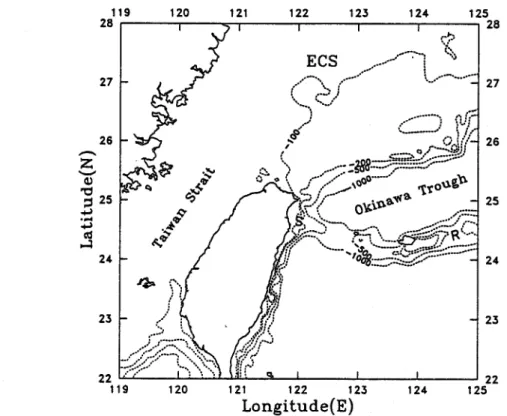 Figure  1  shows the bottom  topography  in the vicinity of the  survey area.  The  main features  include the wide shelf of the ECS, a nearly zonal steep continental slope north of the Okinawa  trough and the Ryukyu island arc