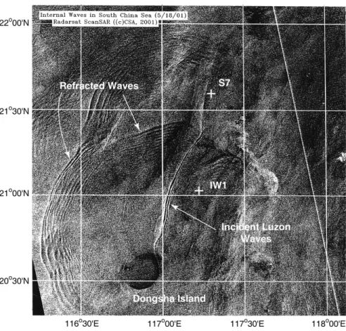 Fig. 10. Synthetic aperture radar (SAR) image from May 18, 2001 showing incident and refracted waves around Dongsha Island near the ASIAEX region.