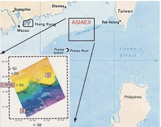 Fig. 1. Locator map showing the positions of the ASIAEX moorings. The current meter moorings are indicated by stars labeled S2–S8