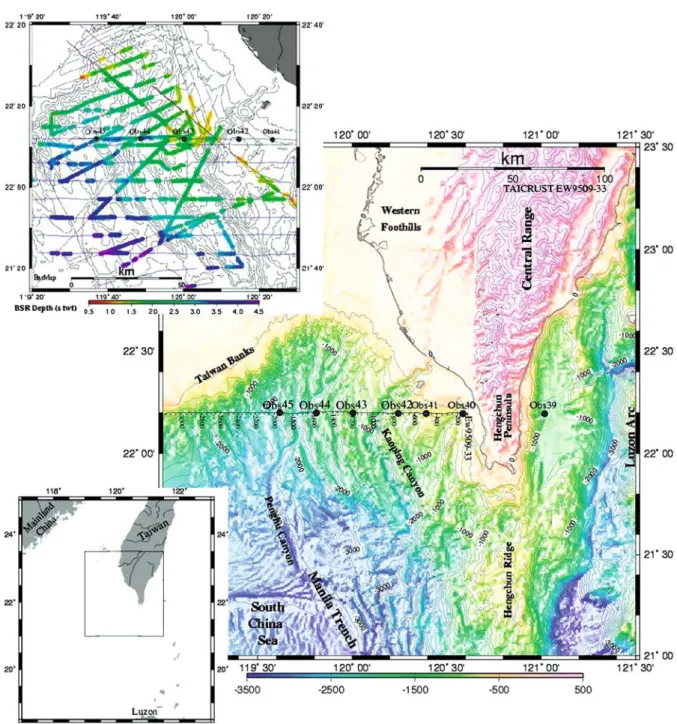 Figure 1. Bathymetric map of the surveyed area. Ship-track of EW9509 Line 33 is annotated with shot numbers