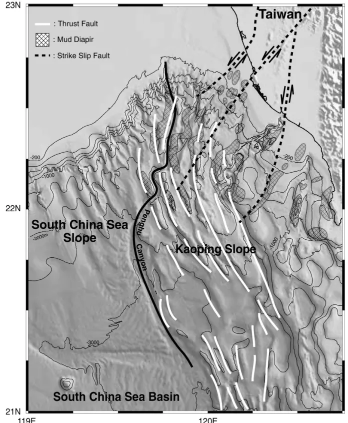 Fig. 5. Structure map showing that mud diapiric intrusions occur mainly in the upper Kaoping Slope and thrust faults mainly appear in the lower Kaoping Slope