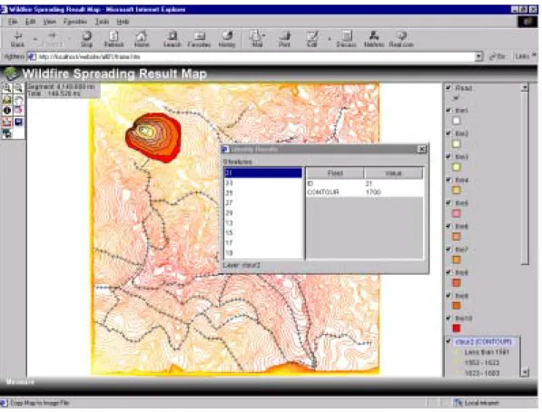 Figure 7. Forest fire simulation result map displaying   and feature query  interface