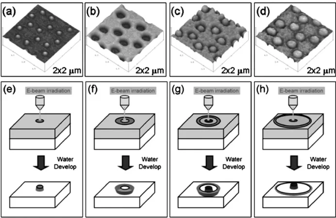 Fig. 1 Atomic force microscope (AFM) images of the La 0.7 Sr 0.3 MnO 3 patterns on silicon wafer substrates with different electron beam dosages