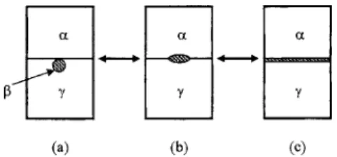 FIG. 1. Wetting behavior at a fluid-fluid interface. 共a兲 A nonwetting ␤ phase at ␣ - ␥ interface, 共b兲 a partial wetting ␤ phase at ␣ - ␥ interface, and 共c兲 a complete wetting ␤ phase at ␣ - ␥ interface