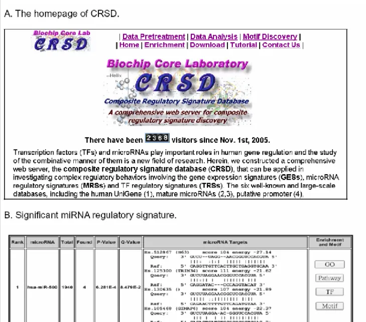 Figure 4. CRSD website. We develop a free web-based analysis tool for microarray data analysis,  prediction of transcriptional factor binding sites, GO term, pathway analysis and prediction of  microRNA targets