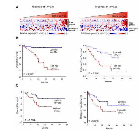 Figure 5. Microarray-based 16-gene risk-score analysis and survivals of 125 NSCLC patients:  