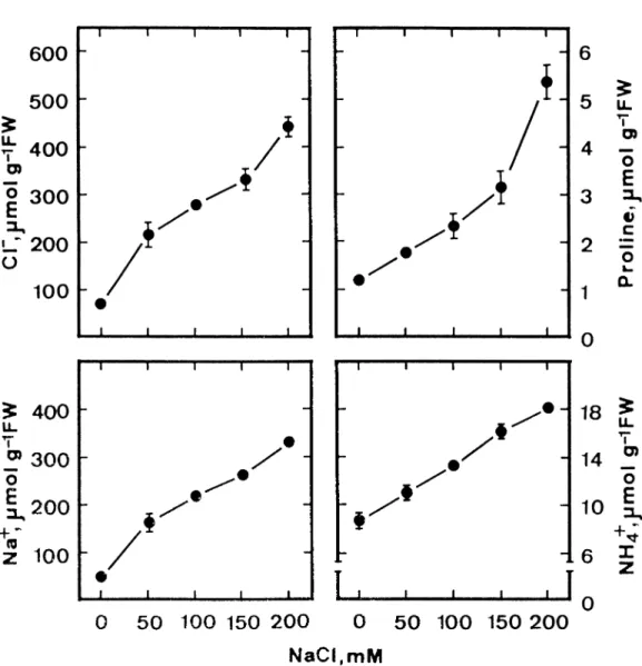 Figure 1. Effect of NaCl on Na + , Cl − , proline, and NH 4 + contents in detached rice leaves