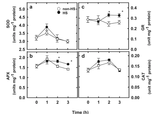 Fig. 6 Changes in the activities of SOD (a), APX (b), GR (c), and CAT (d) in the second leaves of rice seedlings pretreated with or without HS (45°C) under dark conditions