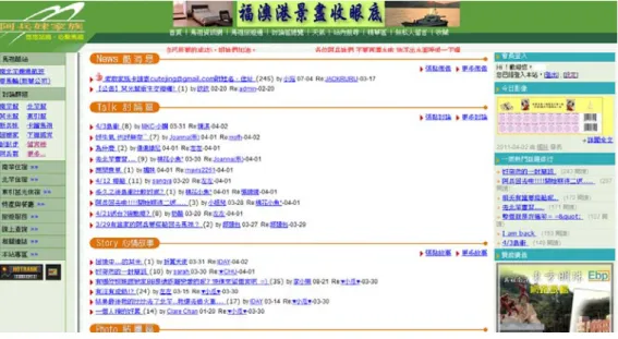 圖 6：阿兵妹家族首頁  首頁兩側  首頁左側多半和旅遊資訊有關，如飛機與與台馬輪航班，隨時提供馬祖人飛機起 降與船隻開航與否的資訊(圖 7)。這些訊息對於仰賴海空與台灣、中國連結的小島島民 有無可言喻的重要性，馬資網因此將自己與將馬祖人牢牢地綁在一起。再往下看，有 馬祖各島的資訊。這樣的功能不僅服務居住在馬祖當地的人民，也讓即將前來馬祖的 人可以在這裡找到相關旅遊訊息，提供來馬旅遊者相當的便利性。若旅客覺得這些訊 息仍不夠完整，還可利用在頁面上方馬祖旅遊通的連結整合自己所需要的旅程。因 此，馬祖資訊網成為