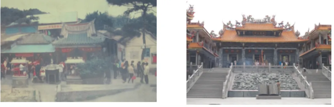圖 8  仙岳宮舊廟（左）與新廟（右）  但在筆者 2013 年進行調查之時，當地仍為一方空地，尚未有前述商場或古厝的設 計。「仙岳天街」也僅空有一個指示牌。不過廟方規劃了涼亭休憩區、愛國歌曲廣場 等，民眾多能自行利用，進行樂器演奏或歌唱等活動。例如，筆者曾看到一位樸素的 婦女，唱著愛國歌曲，激昂非凡，引人注目；也有一群長者，拉著胡琴、哼唱閩南語 歌曲，扣人心弦，可以看到民間的熱情與活力。  廟宇本體依山勢而建，一共三進，各進逐漸增高。第一進是階梯，設有廟碑和放 生池。二進會看到一尊與真人同高的金色土地公塑