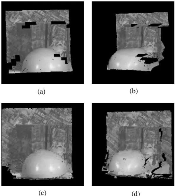 FIG. 12. (a, b) The images synthesized at a virtual viewpoint F, which is located between viewpoints A, B, and virtual viewpoint G, which is located at the right side of viewpoint C by using the octree data reconstructed after observations were taken at vi